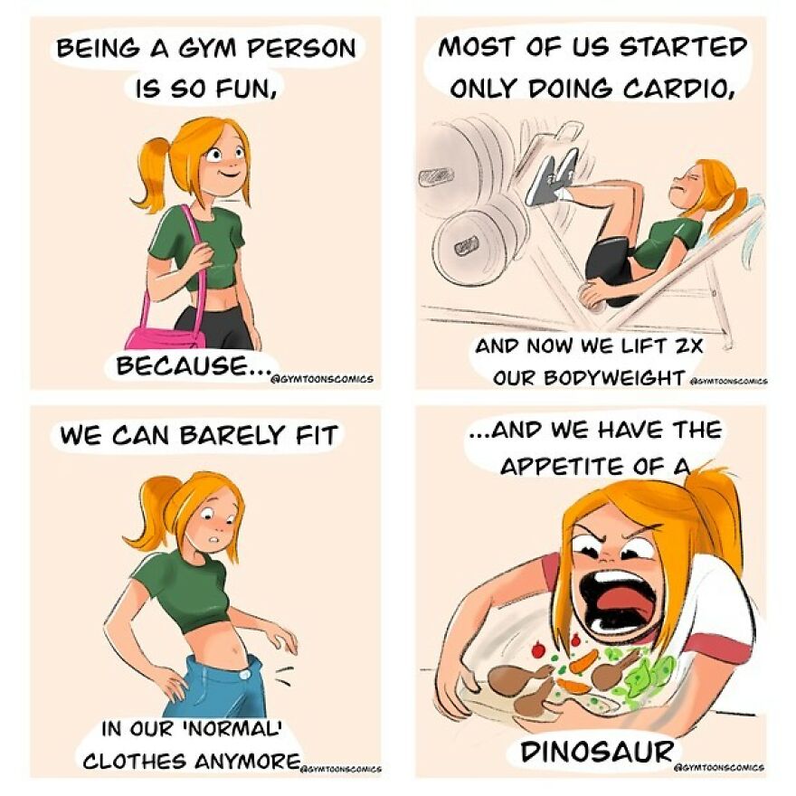 Comic strip showing a young woman relating gym progress and appetite in a series of four illustrated panels.