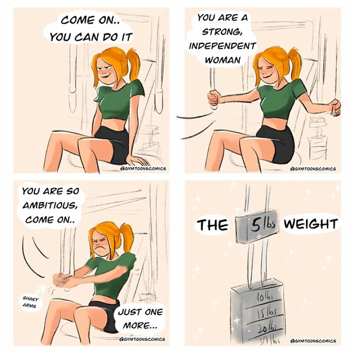 Comic panels showing a woman at the gym encouraging herself to lift weights, depicting everyday situational humor.