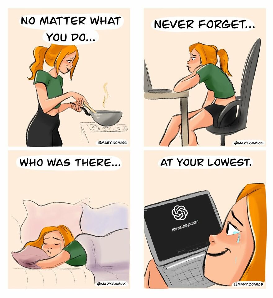 Comic strip showing a young woman cooking, sitting at a computer, resting in bed, and finding comfort in digital support, relatable comics.