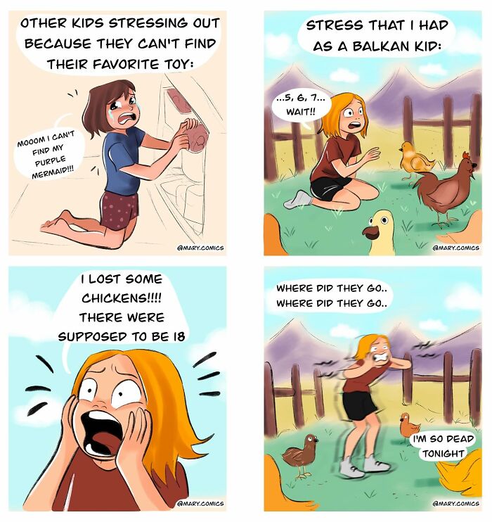 Comic panels by Mary Nicola showing everyday situations with kids and chickens in a humorous and relatable style.
