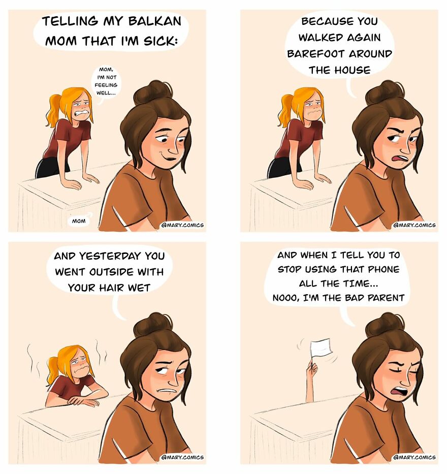 Comic strip depicting relatable moments of a young person and their Balkan mom, part of artist made new comics.