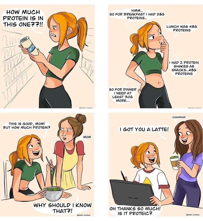 Comic panels showing everyday situations with characters discussing protein intake and food, illustrating humor in daily life by Mary Nicola.