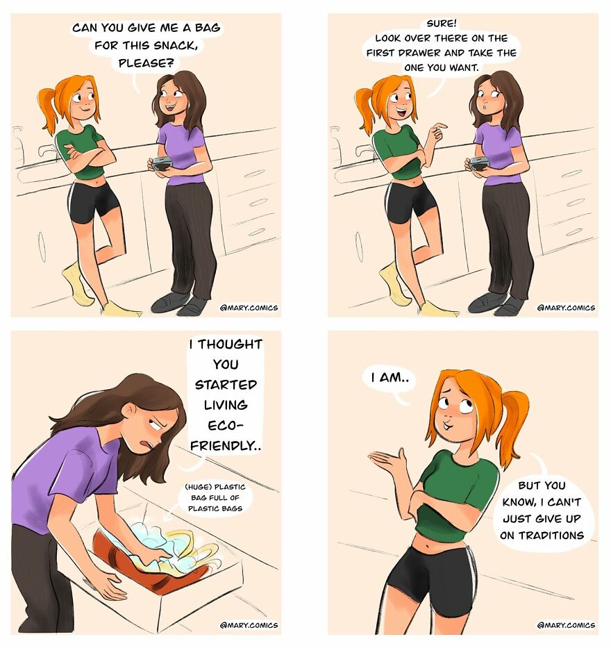 Two young women in a comic strip humorously discuss eco-friendly habits and plastic bag use in relatable scenes.