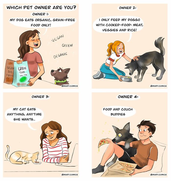 Four-panel comic by Mary Nicola showing different pet owners feeding dogs and cats in everyday situations.