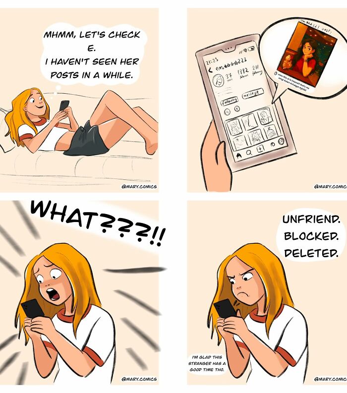 Comic panels showing a woman checking social media and reacting with shock before unfriending and blocking a user.