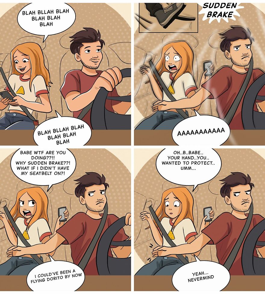 Comic panels showing a relatable young couple in a car with sudden brake, highlighting artist made new comics.
