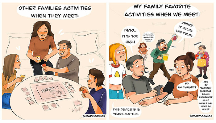 Comic depicting everyday family activities in humorous everyday situations by Mary Nicola’s new comics series.