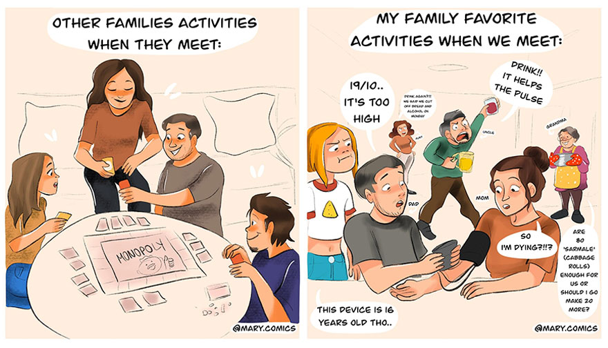 Comic panels showing family activities contrasting typical games with a relatable family using technology, from artist made new comics.