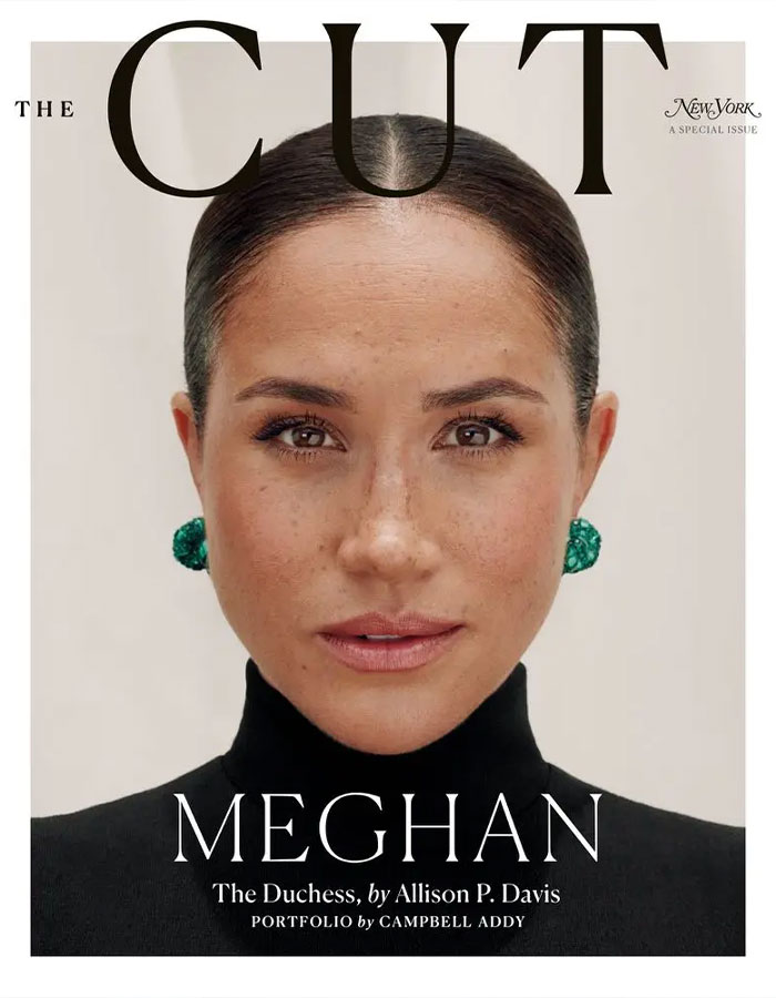 Meghan Markle in a close-up Vogue cover-style portrait, illustrating diva demands and friendship issues with editor.
