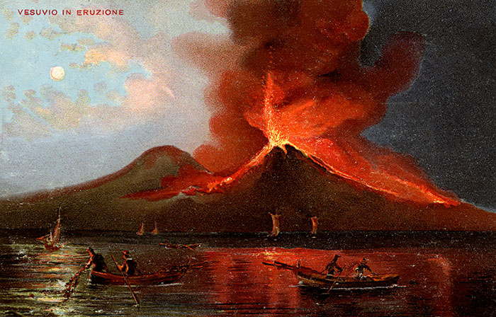 Eruption of Mount Vesuvius with glowing lava and boats on water, related to new Pompeii discovery and parents' tragic attempt.