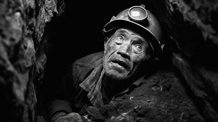 Black and white portrait of a miner inside a narrow tunnel, showcasing the power of a single frame photography.