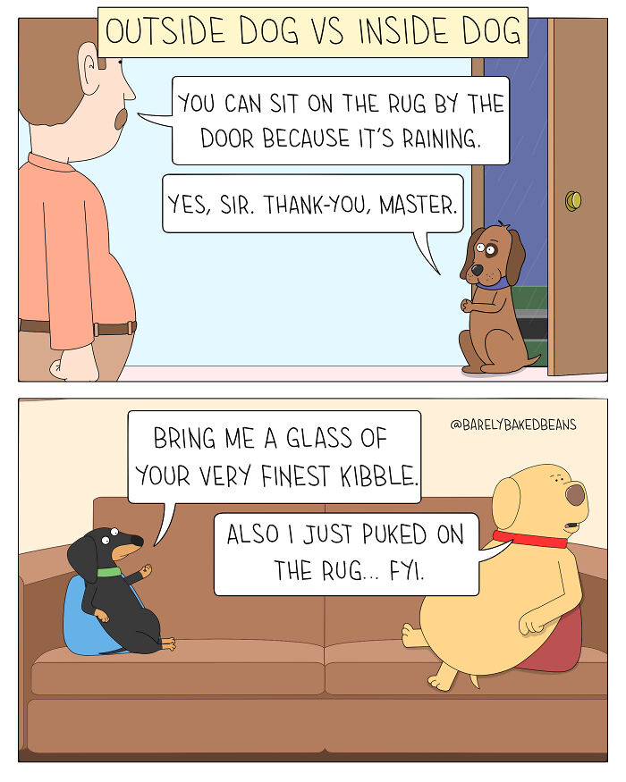 Comic by Daniel Matheson showing contrasting polite and demanding dogs in a hilarious and heartwarming cartoon style.