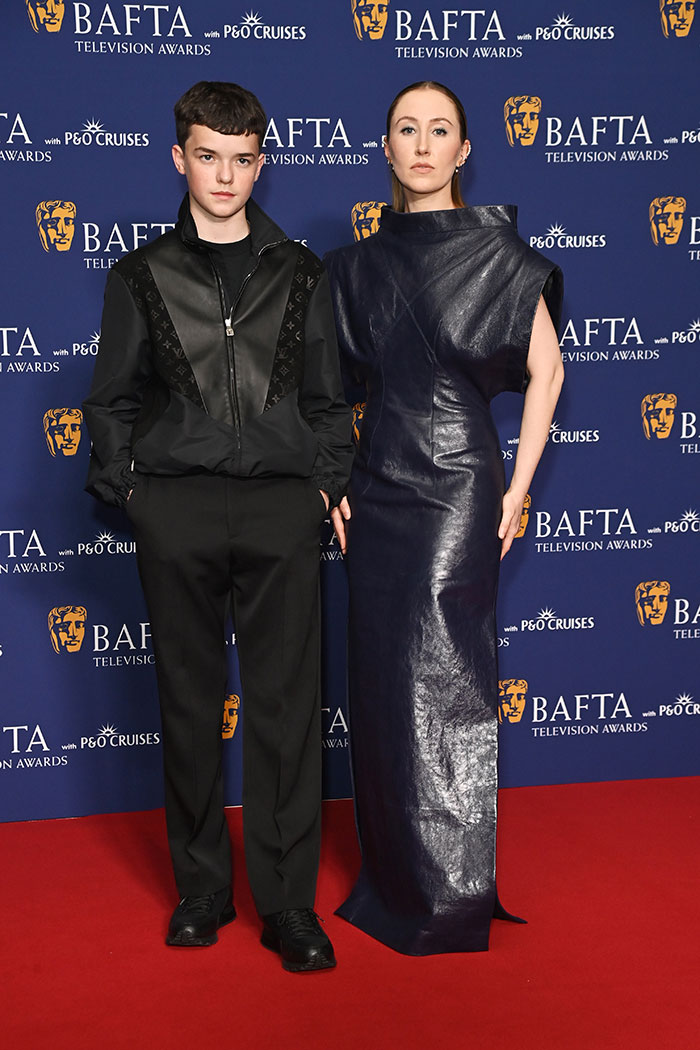 Two stars posing on the red carpet wearing unconventional outfits at the 2025 BAFTA TV Awards worst dressed list.
