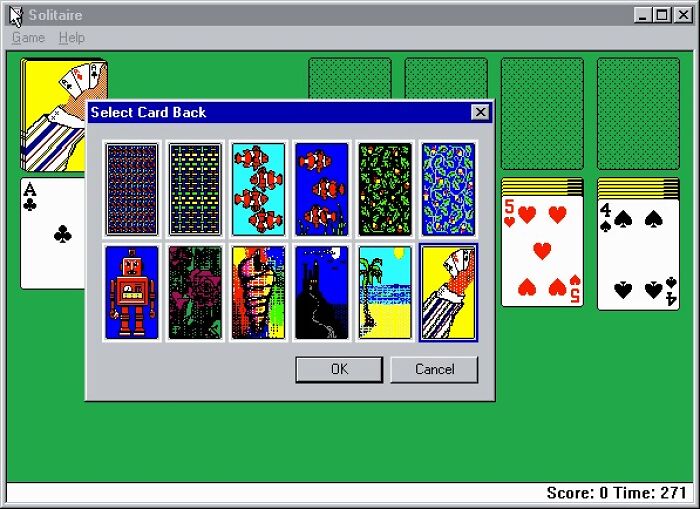 Classic 90s computer solitaire game screen featuring vintage card backs and simple pixelated graphics from the nineties era.
