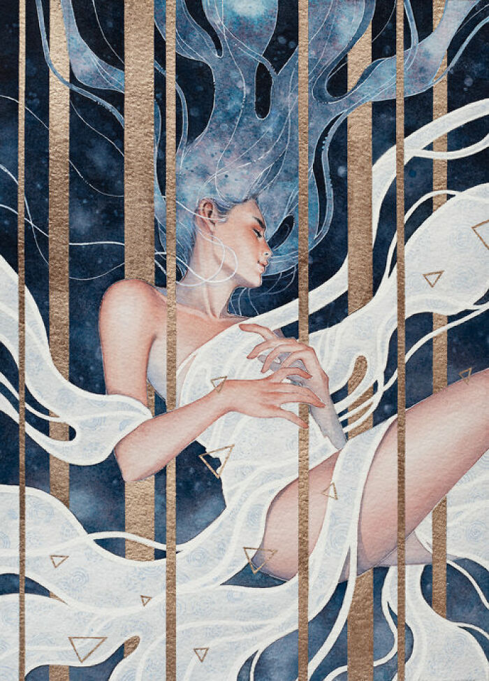 Watercolor painting of a serene woman with flowing hair and fabric, showcasing calming art by Kelogsloops.