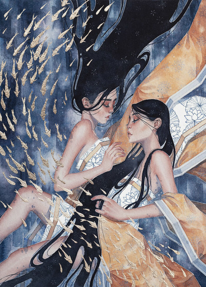 Two women with flowing dark hair surrounded by goldfish in a calming watercolor painting by Kelogsloops.