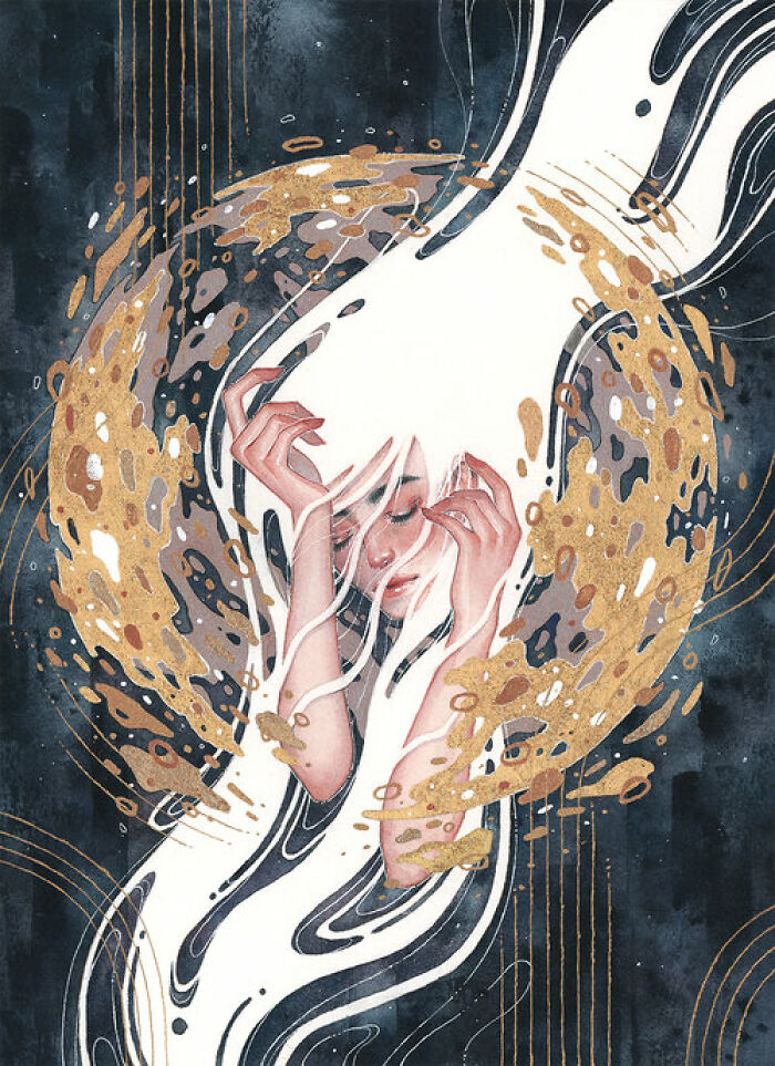 Watercolor painting by Kelogsloops featuring a serene woman surrounded by calming flowing patterns and golden accents.