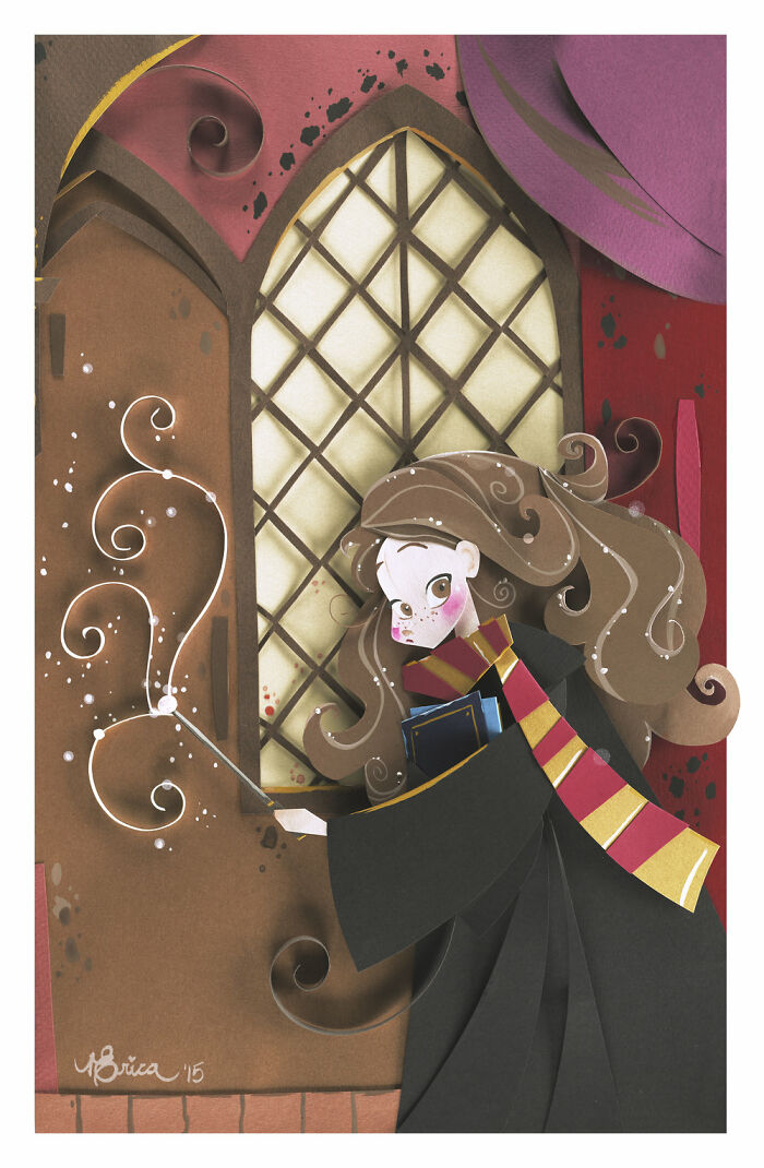 Intricate and colorful paper art of a young girl casting magic with a wand near a decorated window in fantasy setting.