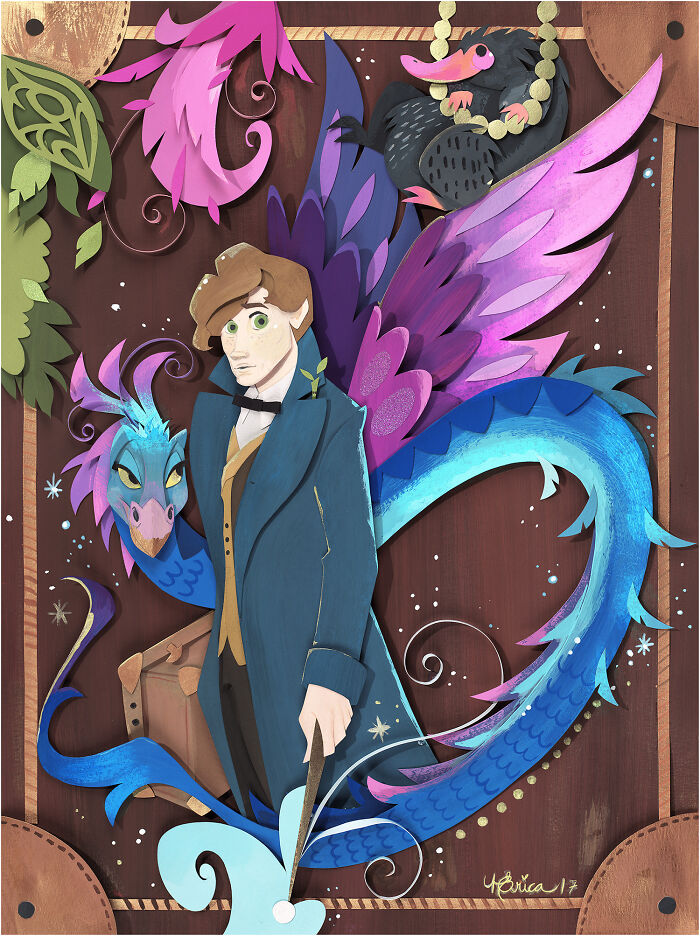 Colorful and intricate paper art of a man with wings and a dragon, showcasing incredible detail and vibrant hues.