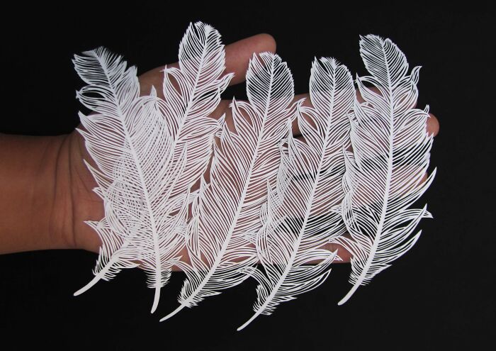 Hand holding intricate and delicate paper art feathers showcasing incredible craftsmanship and detailed paper design.
