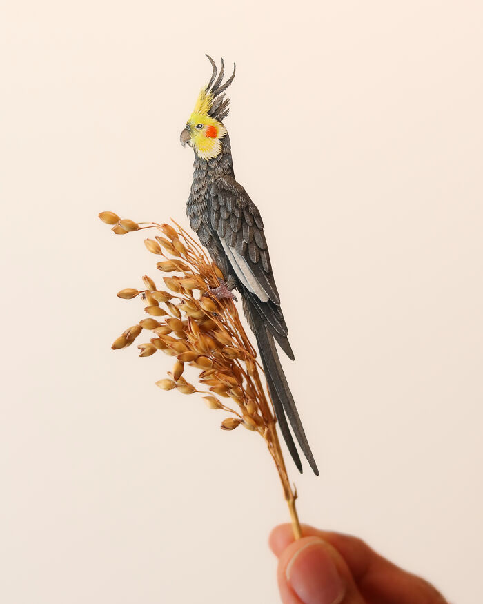 Intricate and colorful paper art of a detailed cockatiel perched on dried grass held by hand against plain background.