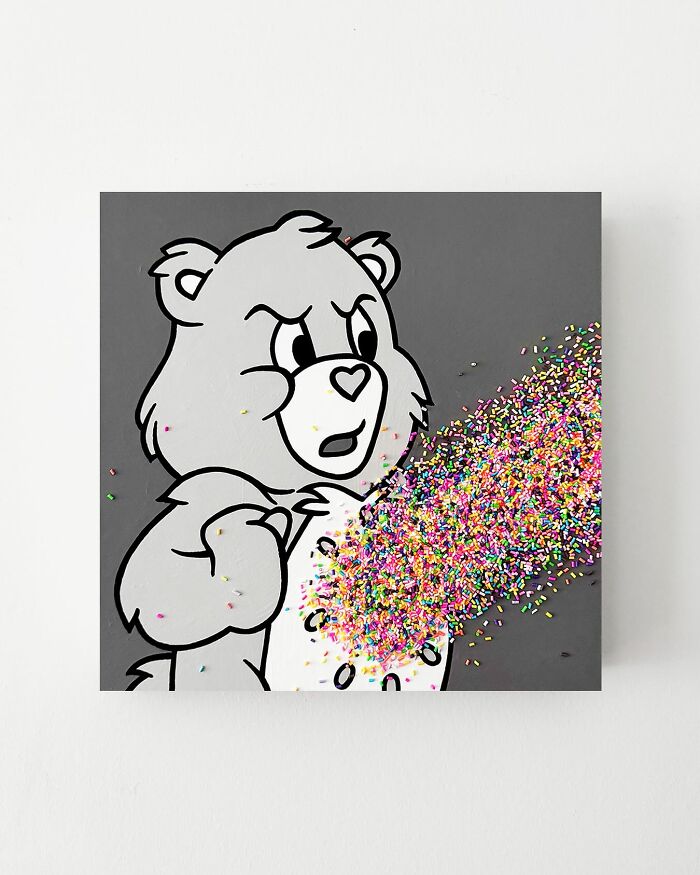 Artwork featuring a cartoon bear covered in colorful sprinkles bursting from the chest, unique sprinkle art by Pepe Bratanov.