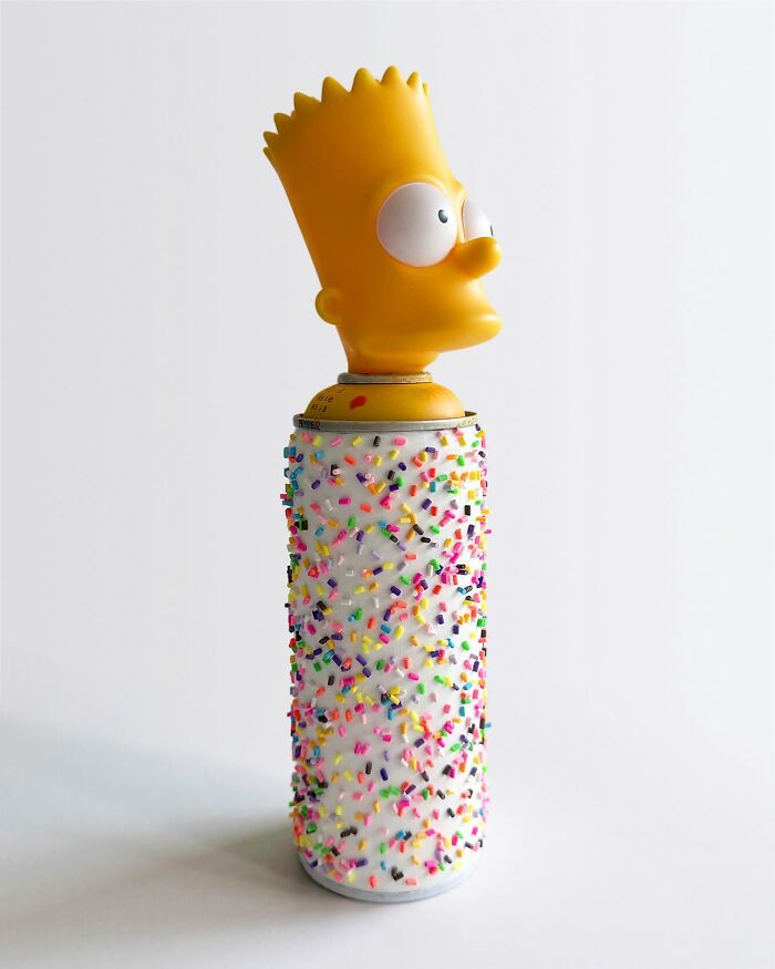 Spray can with a Bart Simpson head and colorful sprinkles covering the lower part, unique artwork by Pepe Bratanov.
