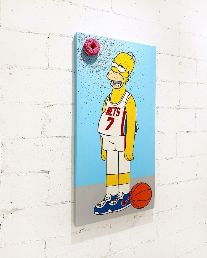 Colorful artwork of a basketball player with a pink sprinkle-covered donut on a light blue background.