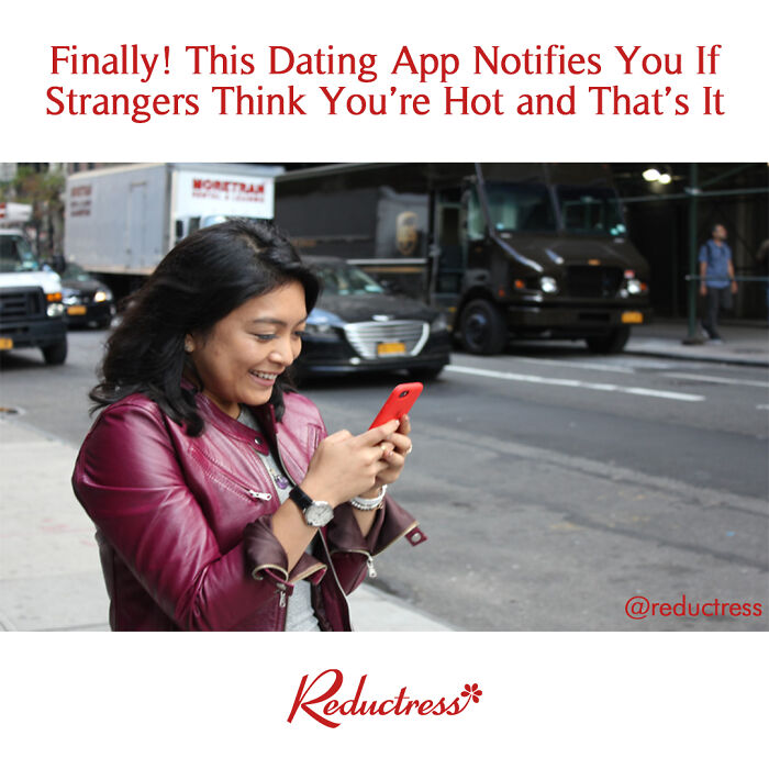 Woman smiling at phone on city street illustrating funny fake article headlines from Reductress online magazine.