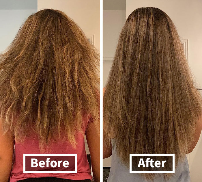 Frizzy hair transformed to smooth and sleek hair showcasing everyday annoyances solved with affordable finds under $20.