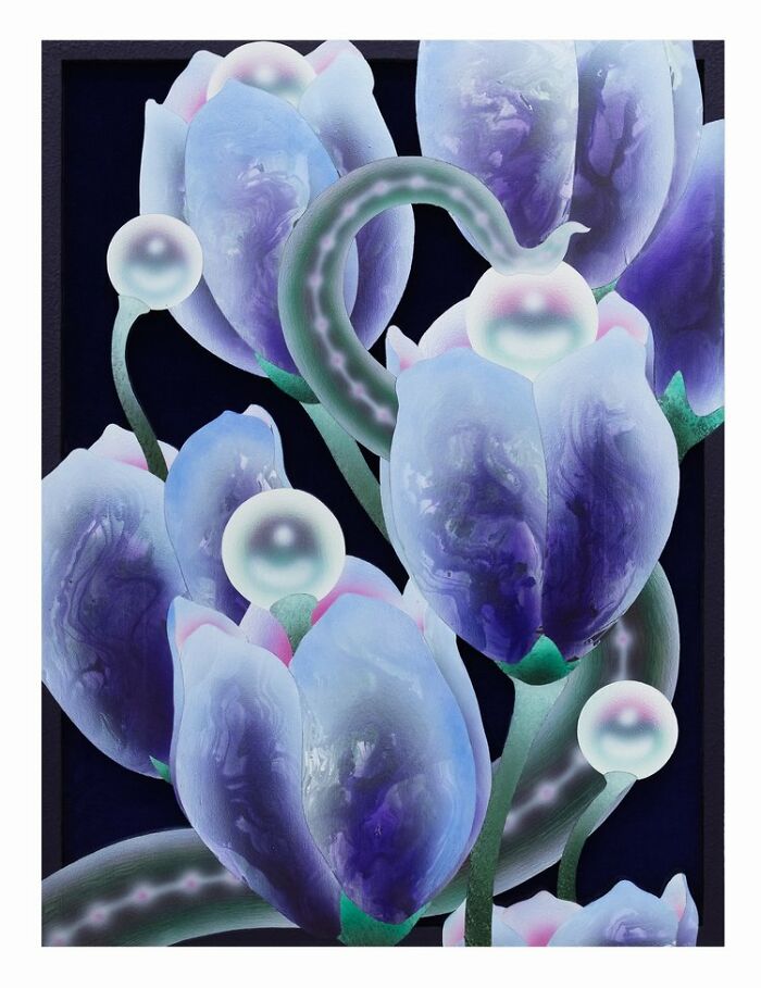 Glowing gardens artwork featuring surreal purple flowers with glowing orbs and green stems in a parallel universe style.