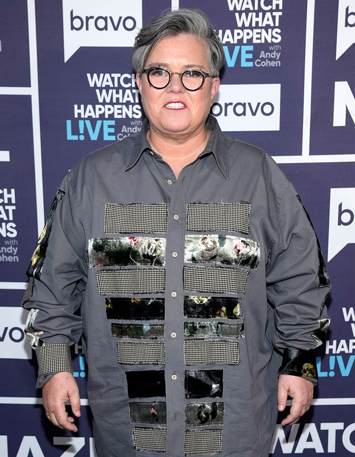 Rosie O&rsquo;Donnell wearing glasses and a patterned jacket at a Bravo Watch What Happens Live event after Mounjaro weight loss