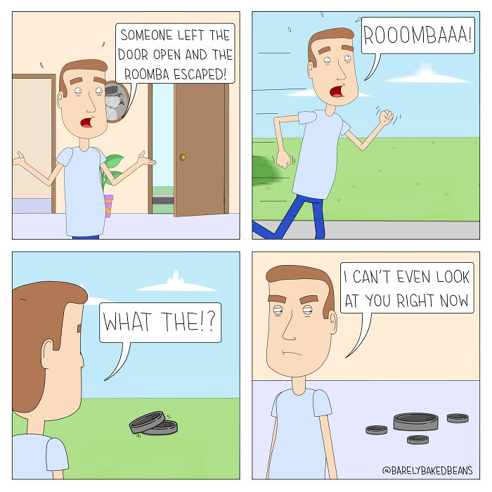 Cartoonist Daniel Matheson comic shows a man chasing an escaped Roomba in a humorous, heartwarming scene.