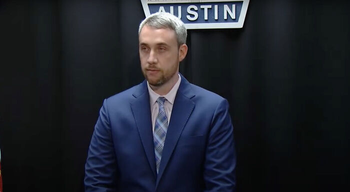 Man in a blue suit speaking at a press conference about the 7-year-old girl found in a closet case in Austin. Man in a blue suit speaking at a press conference about the 7-year-old girl found in a closet case in Austin.