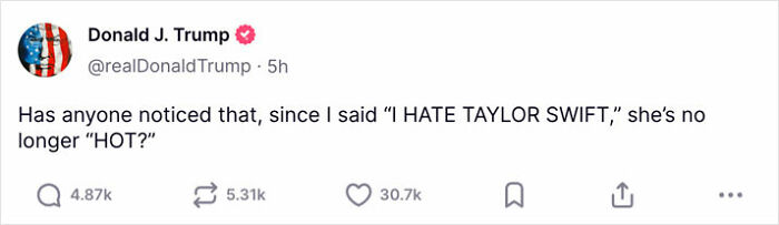 Screenshot of Donald Trump's tweet claiming Taylor Swift is no longer hot because of his statement about her.