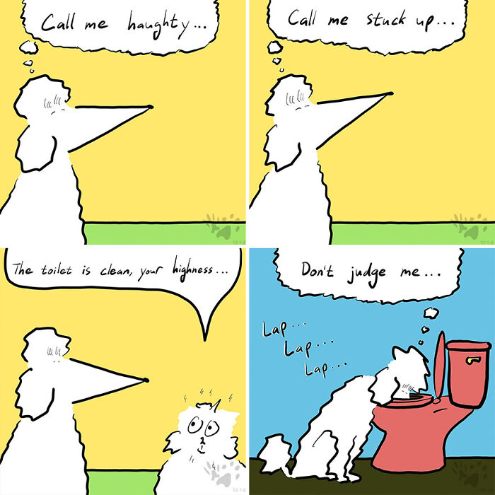 Comic panels showing pets talking humorously about behavior while left home alone in a Gracks And Gribs artist’s style.