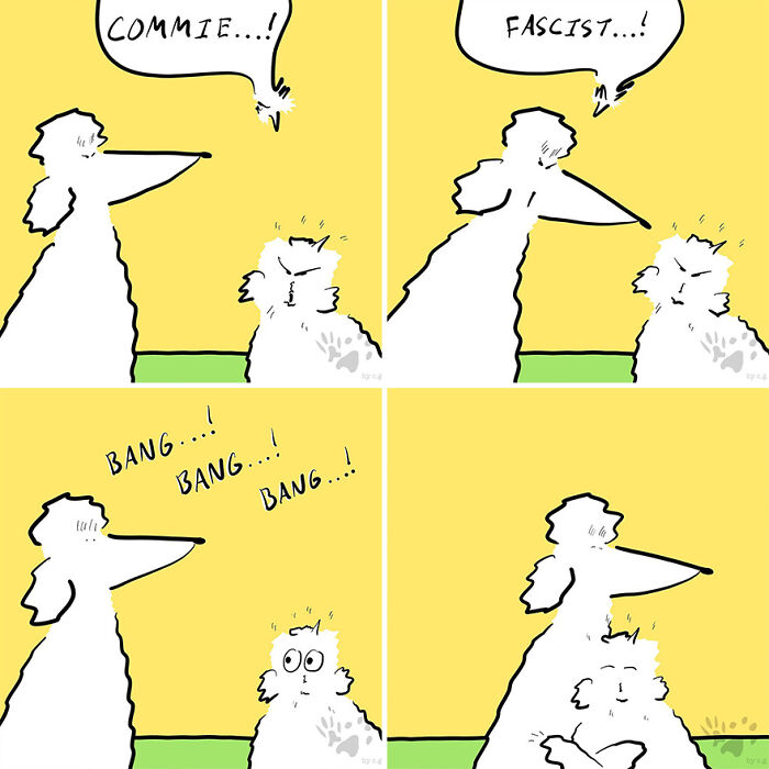 Comic panels showing pets talking and reacting, illustrating what pets talk about when left home alone in artist’s comics.