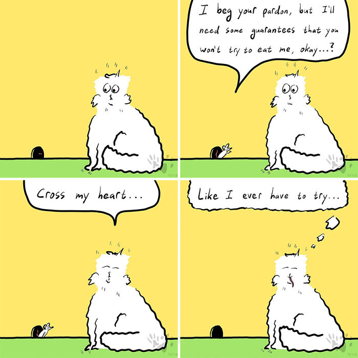 Comic panels showing a cat and mouse conversation exploring what pets talk about when left home alone in a humorous style.