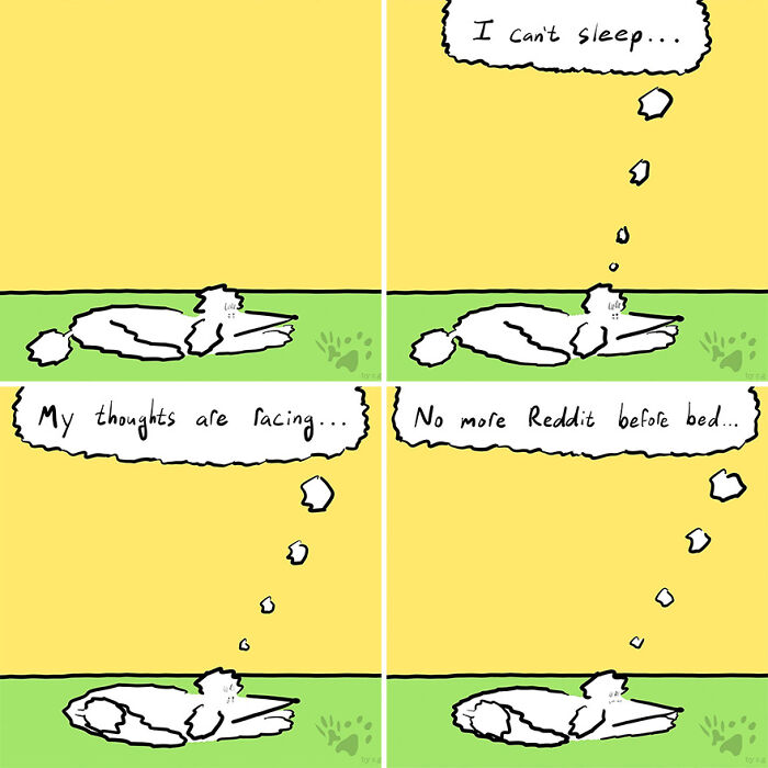 Comic panels showing a dog lying down with thought bubbles about insomnia, racing thoughts, and no more Reddit bedtime talks.