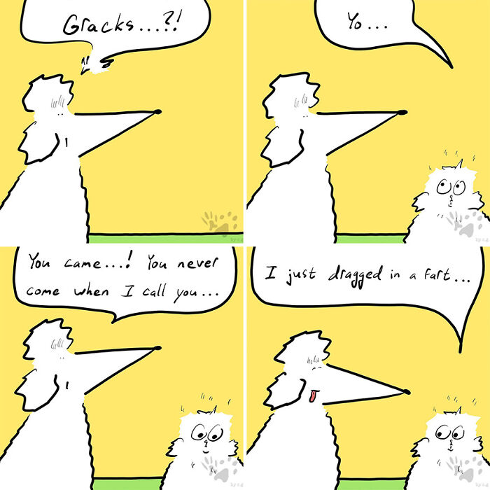 Comic panels showing pets having a humorous conversation exploring what pets talk about when left home alone.