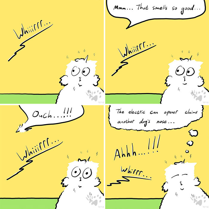 Comic showing a curious pet reacting to the sound of an electric can opener exploring pet conversations at home.