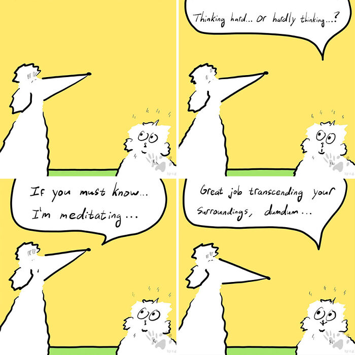 Comic panels showing two pets humorously discussing meditation and what pets talk about when left home alone.