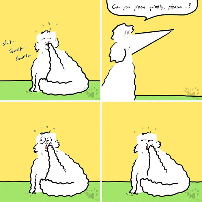 Comic panels showing a pet dog humorously interacting, exploring what pets talk about when left home alone.