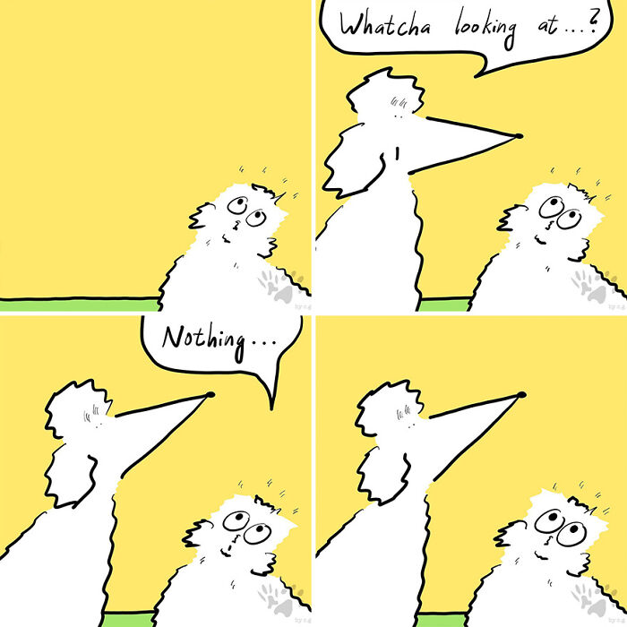 Comic panel showing two pets having a humorous conversation about what they talk about when home alone.