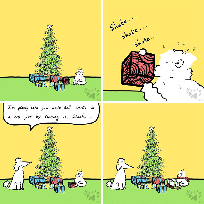 Comic panels showing pets with Christmas presents, exploring what pets talk about when left home alone.