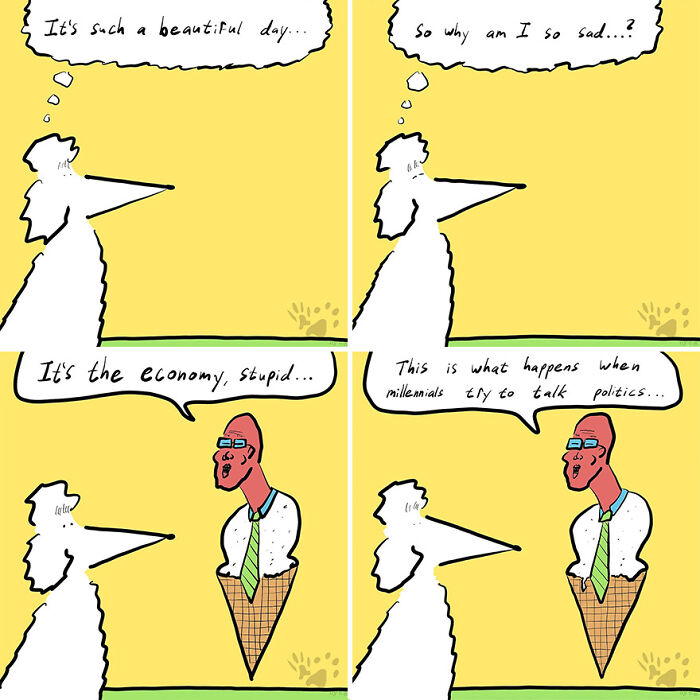 Comic panels showing a poodle and a man discussing sadness, economy, and politics in a pets talking home alone comic style.