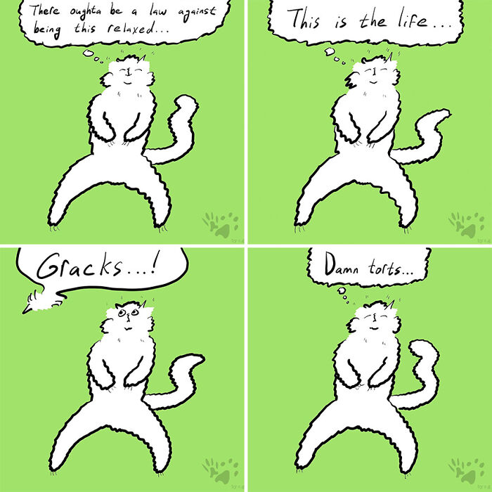 Comic panels of a relaxed white cat with thought bubbles, exploring what pets talk about when left home alone.