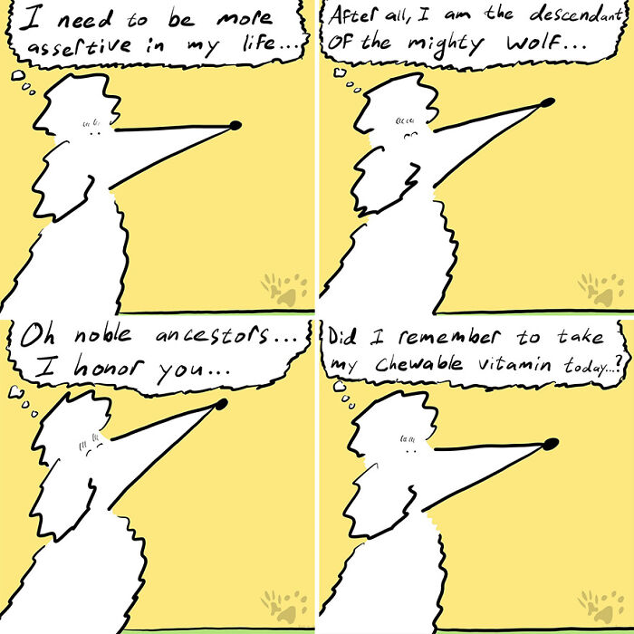 Comic of a dog thinking about assertiveness, wolf ancestors, and taking chewable vitamins exploring pets talk when alone.