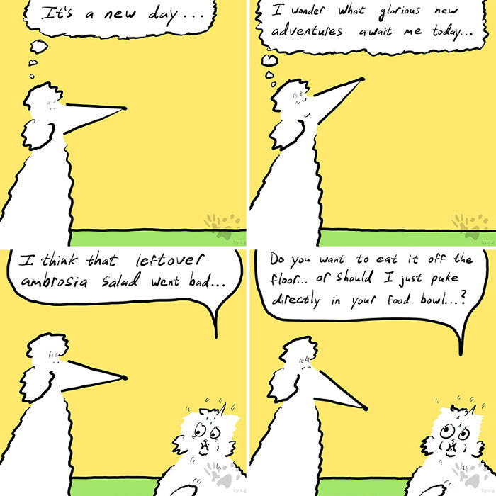 Comic strip featuring pets talking about leftover food and home alone thoughts, from Gracks and Gribs artist’s comics.