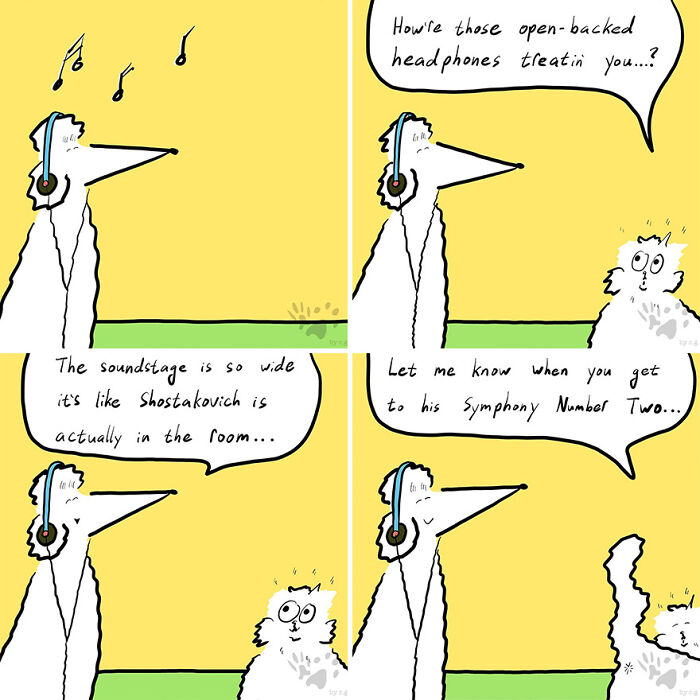 Comic panels showing pets talking about open-backed headphones and music, exploring what pets talk about when home alone.